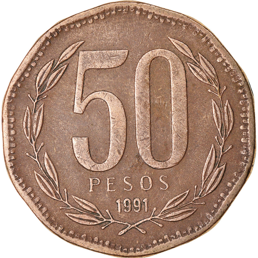 Coin, Chile, 50 Pesos, 1991, Santiago, EF(40-45), Aluminum-Bronze, KM:219.2