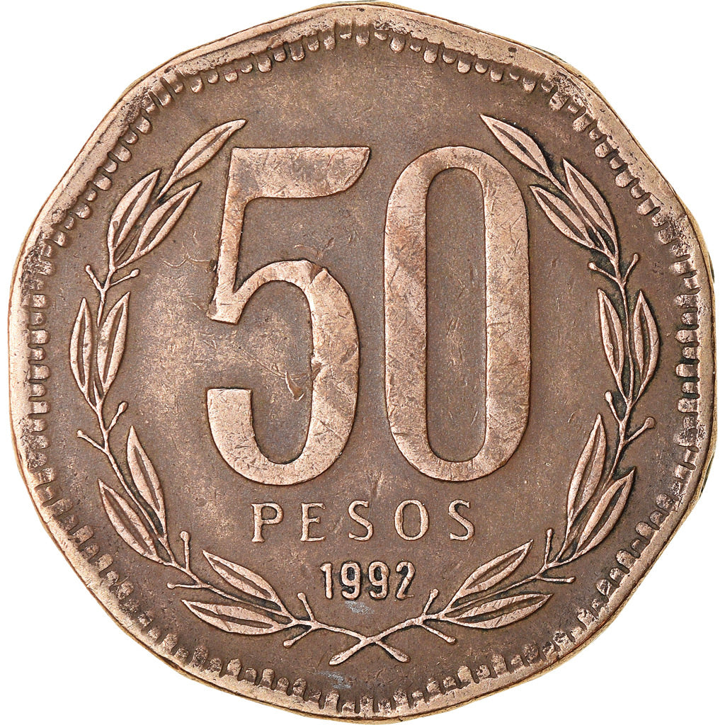 Moneda, Chile, 50 Pesos, 1992, Santiago, MBC, Aluminio - bronce, KM:219.2