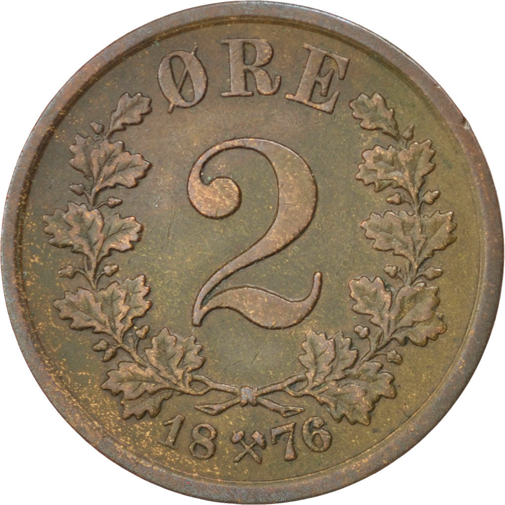 NORWAY, 2 Ore, 1876, KM #353, AU(50-53), Bronze, 21, 3.98