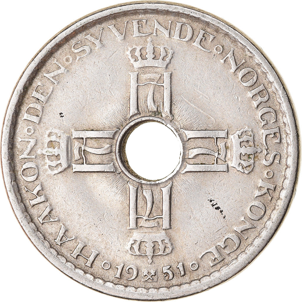 Coin, Norway, Haakon VII, Krone, 1951, VF(30-35), Copper-nickel, KM:385
