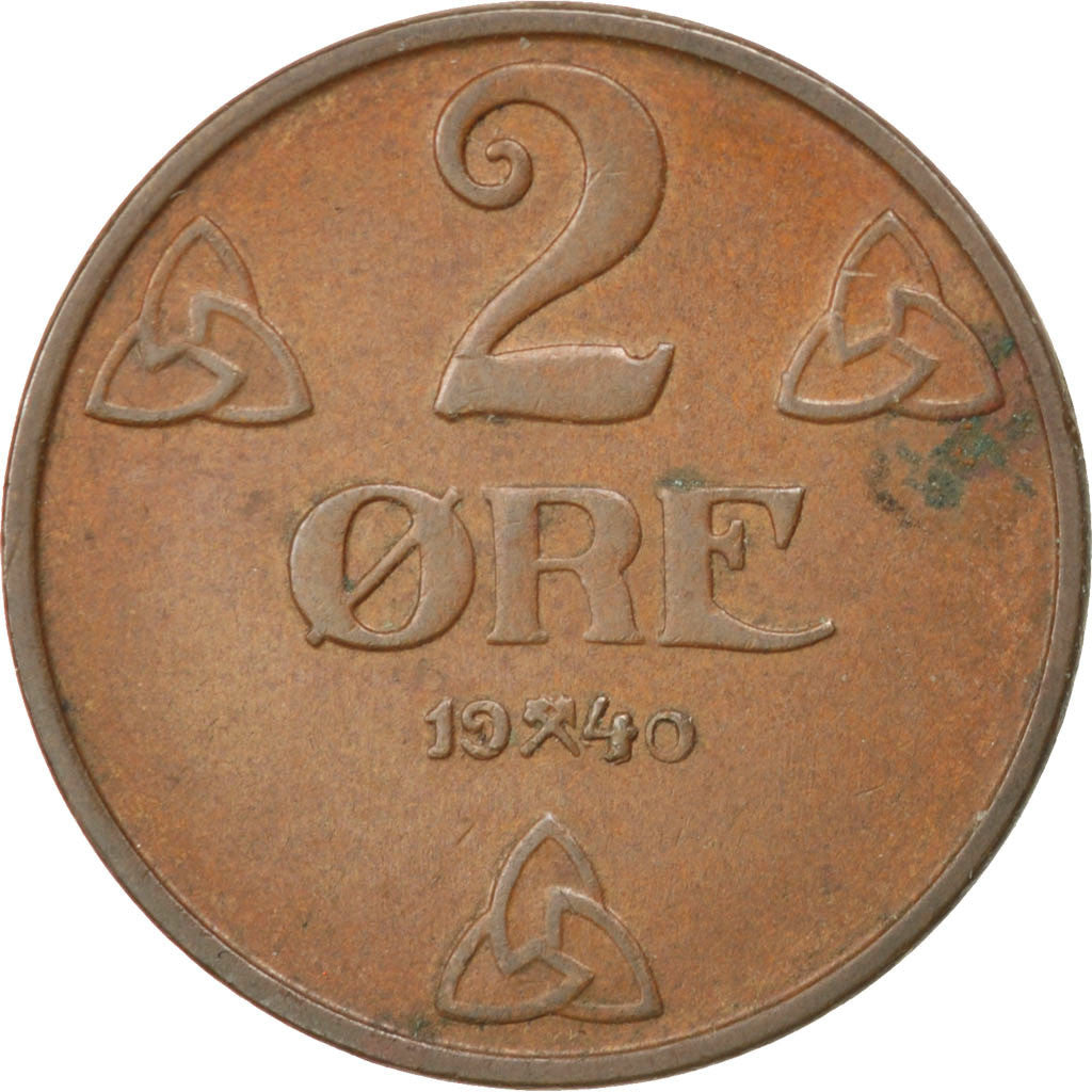 NORWAY, 2 Ore, 1940, KM #371, EF(40-45), Bronze, 21, 4.01