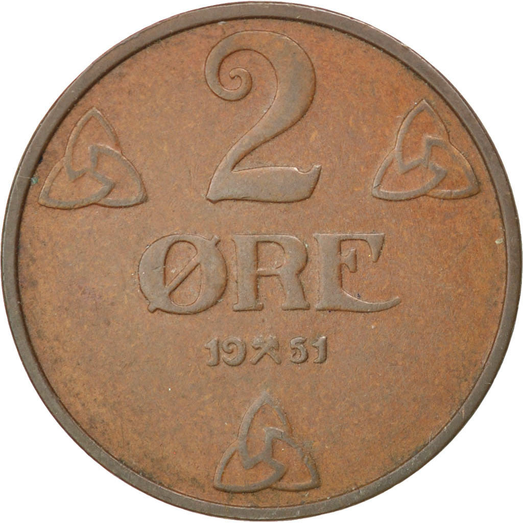 NORWAY, 2 Ore, 1951, KM #371, EF(40-45), Bronze, 21, 4.00
