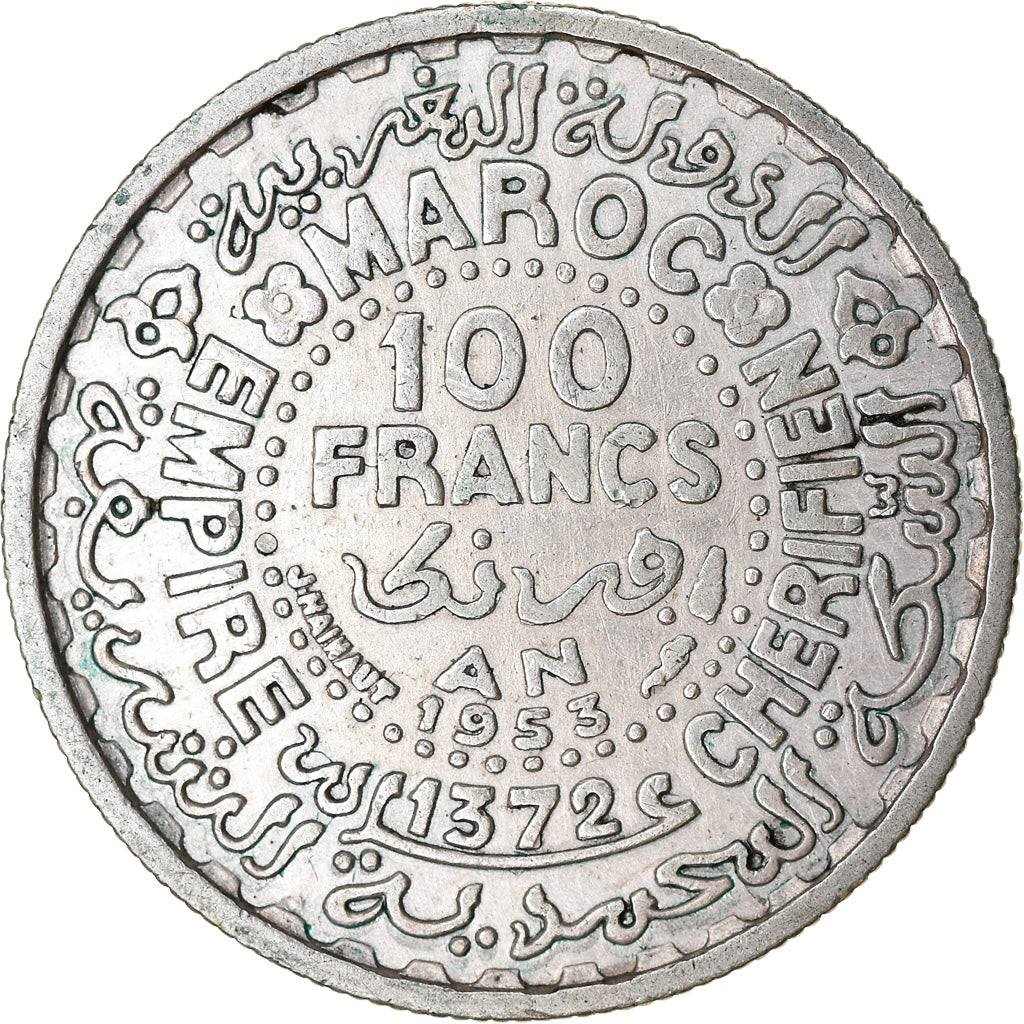 Coin, Morocco, Mohammed V, 100 Francs, 1953, Paris, EF(40-45), Silver, KM:52