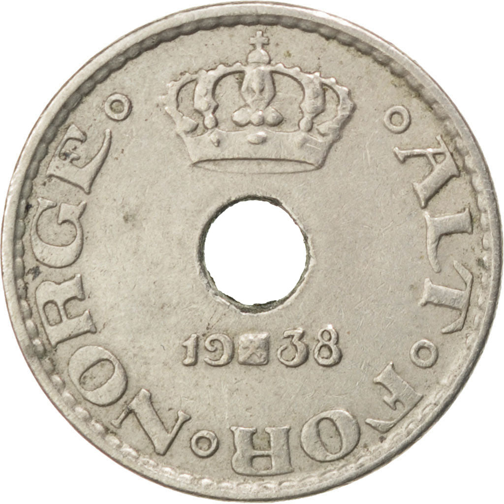 NORWAY, 10 Ore, 1938, KM #383, EF(40-45), Copper-Nickel, 15, 1.52