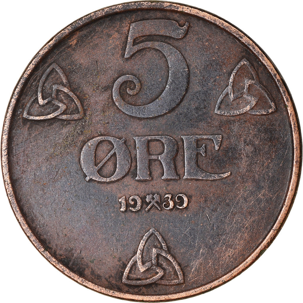 Moneta, Norvegia, Haakon VII, 5 Öre, 1939, Kongsberg, MB+, Bronzo, KM:368