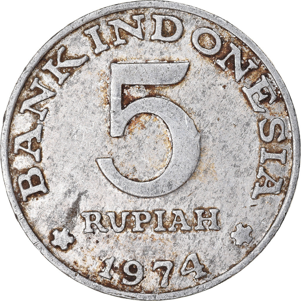Moneda, Indonesia, 5 Rupiah, 1974, BC+, Aluminio, KM:37