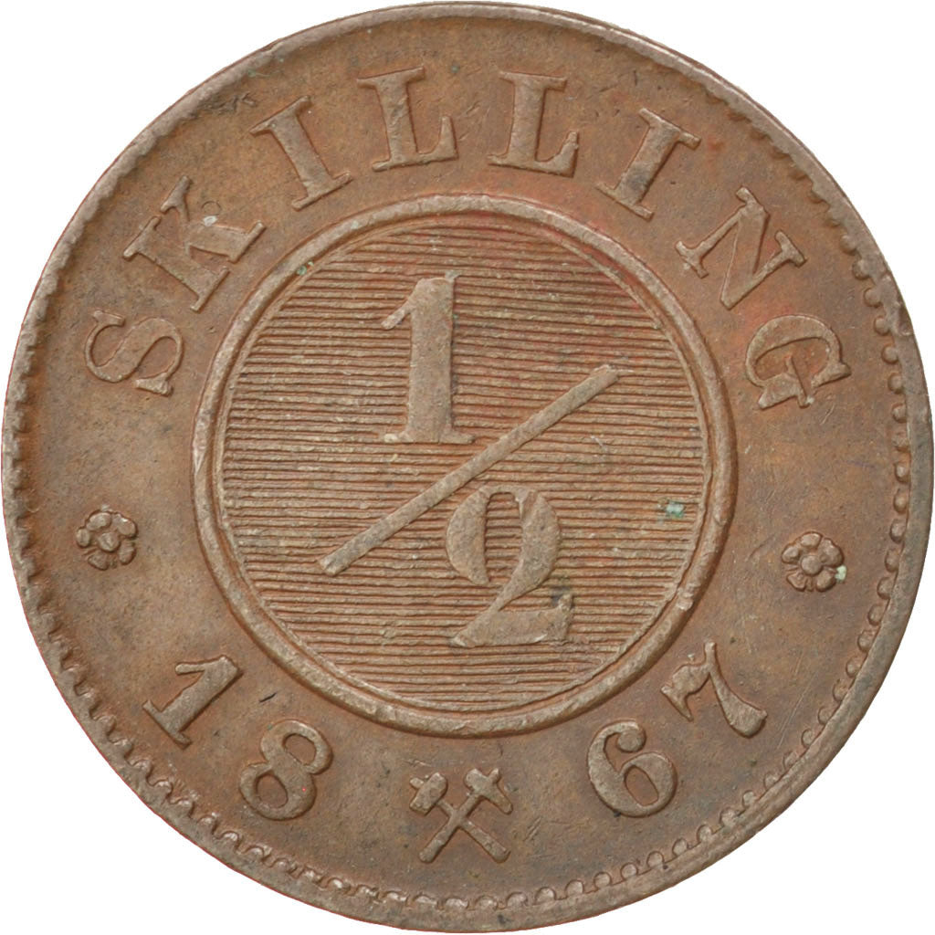 NORWAY, 1/2 Skilling, 1867, KM #329, EF(40-45), Copper, 2.93