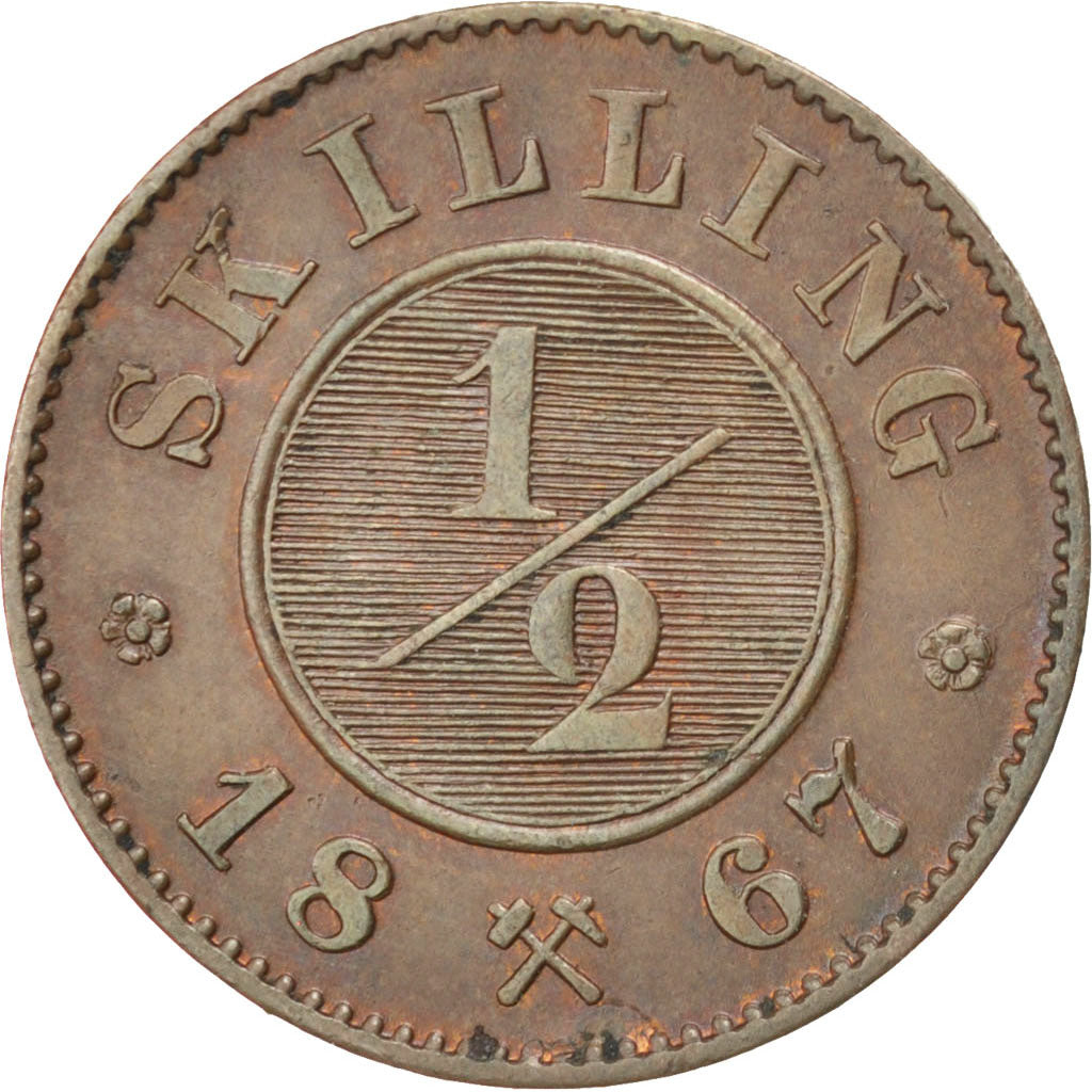 NORWAY, 1/2 Skilling, 1867, KM #329, AU(50-53), Copper, 2.91