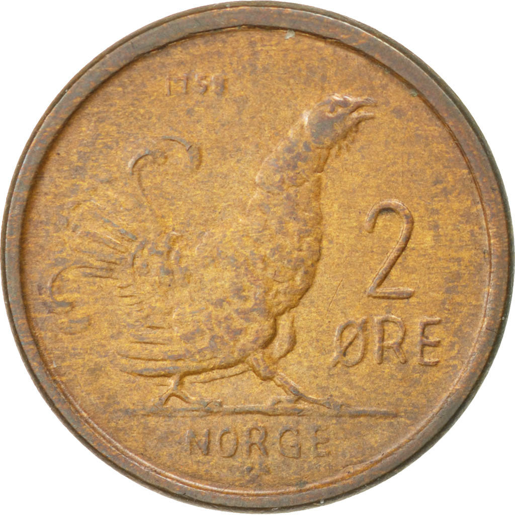 NORWAY, 2 Ore, 1958, KM #404, AU(50-53), Bronze, 21, 3.97
