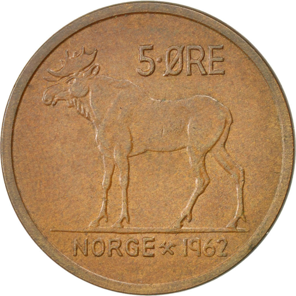 NORWAY, 5 Ore, 1962, KM #405, EF(40-45), Bronze, 27, 8.03