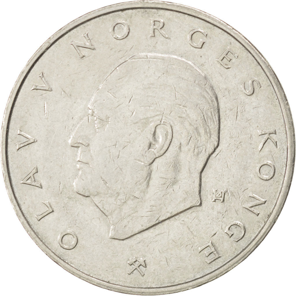 NORWAY, 5 Kroner, 1975, KM #420, EF(40-45), Copper-Nickel, 29.5, 11.53