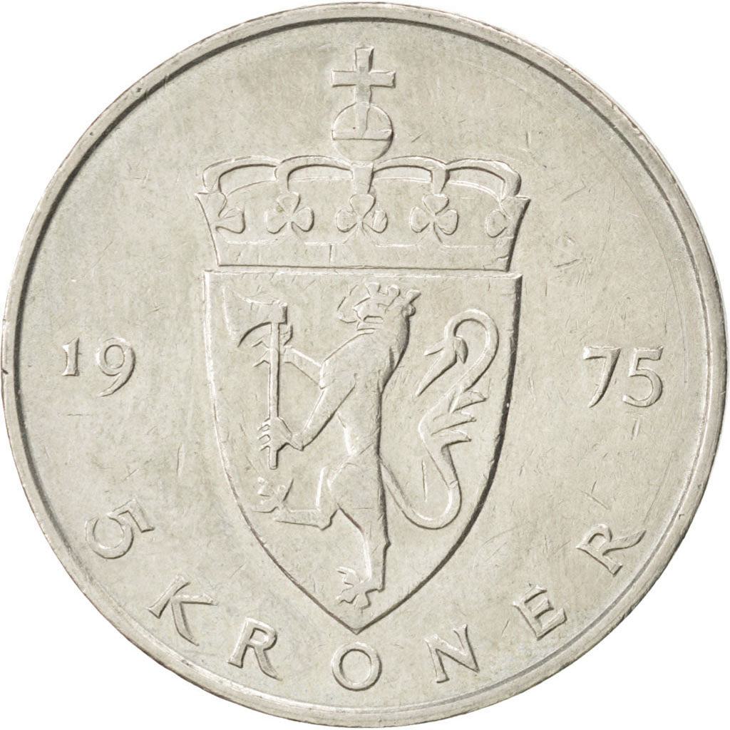 NORWAY, 5 Kroner, 1975, KM #420, EF(40-45), Copper-Nickel, 29.5, 11.53