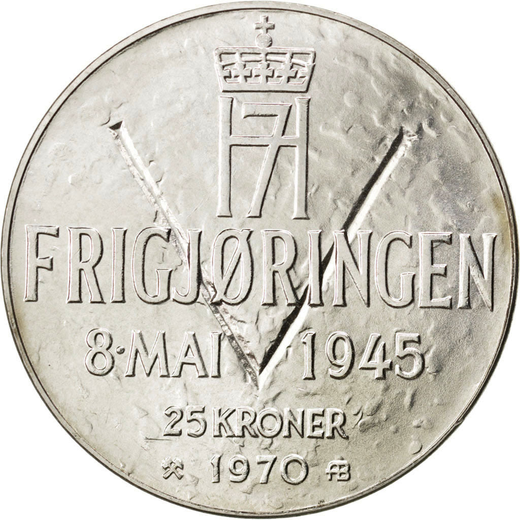Coin, Norway, Olav V, 25 Kroner, 1970, MS(65-70), Silver, KM:414