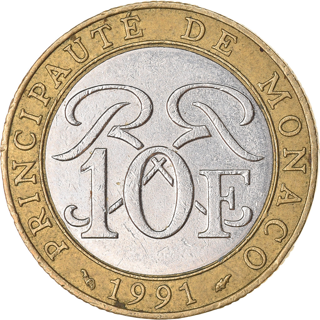 Coin, Monaco, Rainier III, 10 Francs, 1991, EF(40-45), Bi-Metallic, KM:163