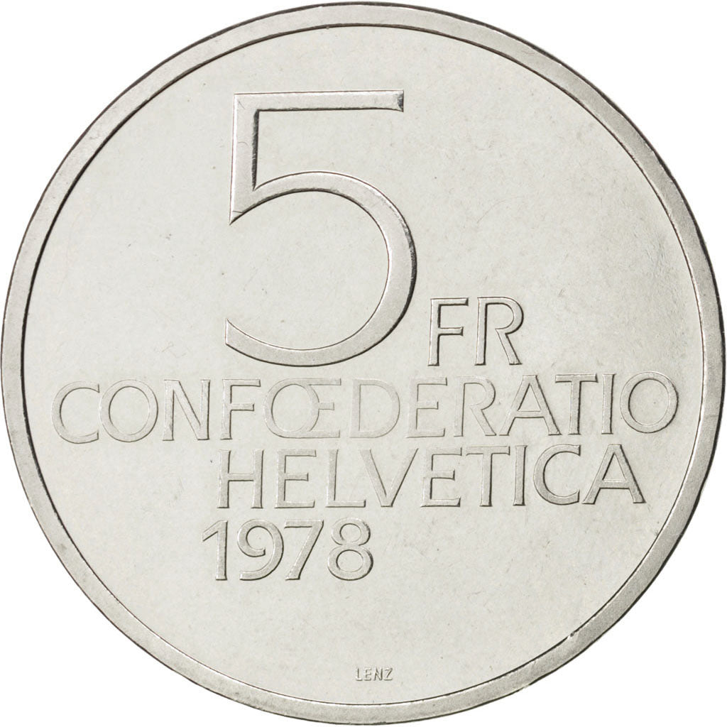 SWITZERLAND, 5 Francs, 1978, KM #56, AU(55-58), Copper-Nickel, 31.45, 13.14