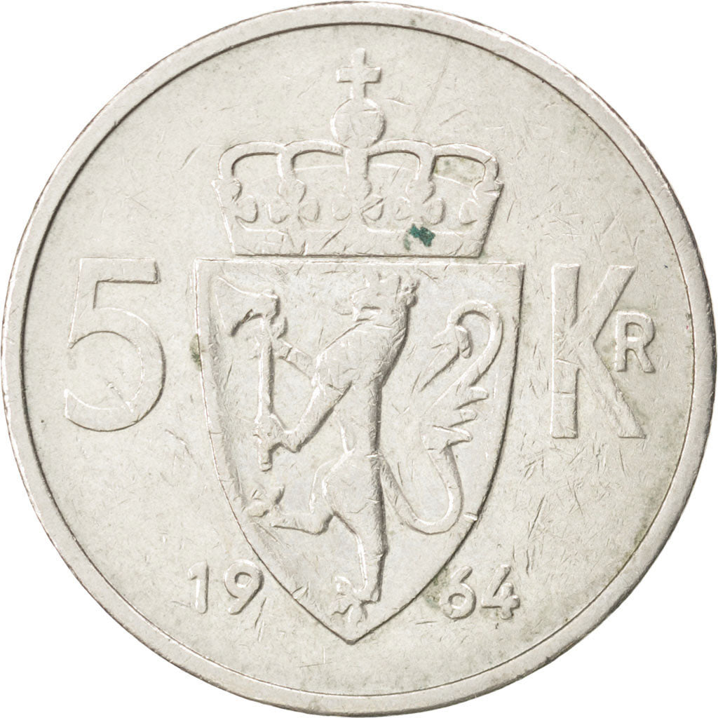Coin, Norway, Olav V, 5 Kroner, 1964, AU(50-53), Copper-nickel, KM:412