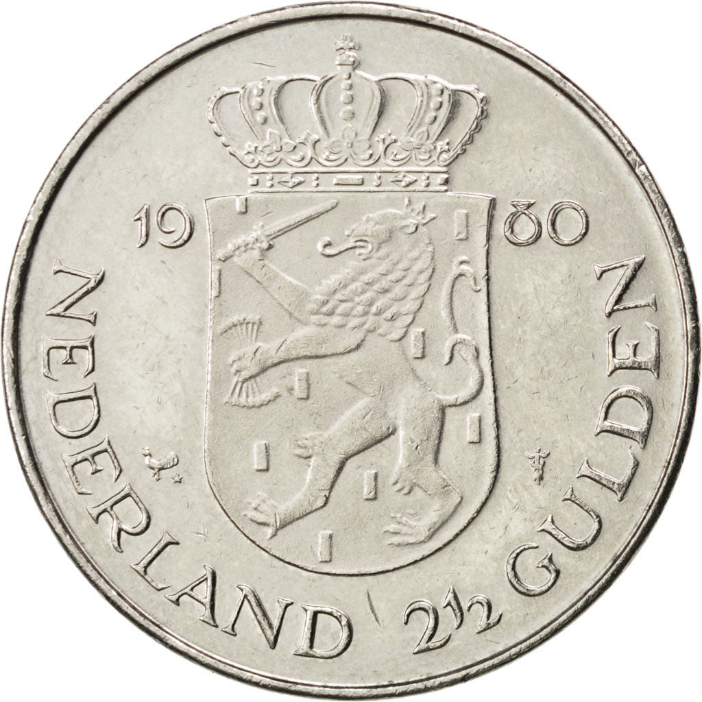 NETHERLANDS, 2-1/2 Gulden, 1980, KM #201, AU(55-58), Nickel, 29, 9.91