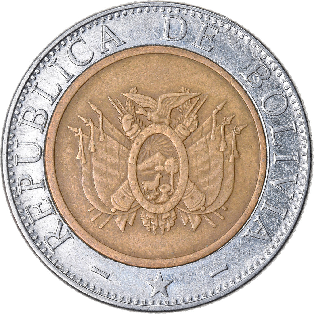Moneda, Bolivia, 5 Bolivianos, 2004, MBC, Bimetálico, KM:212