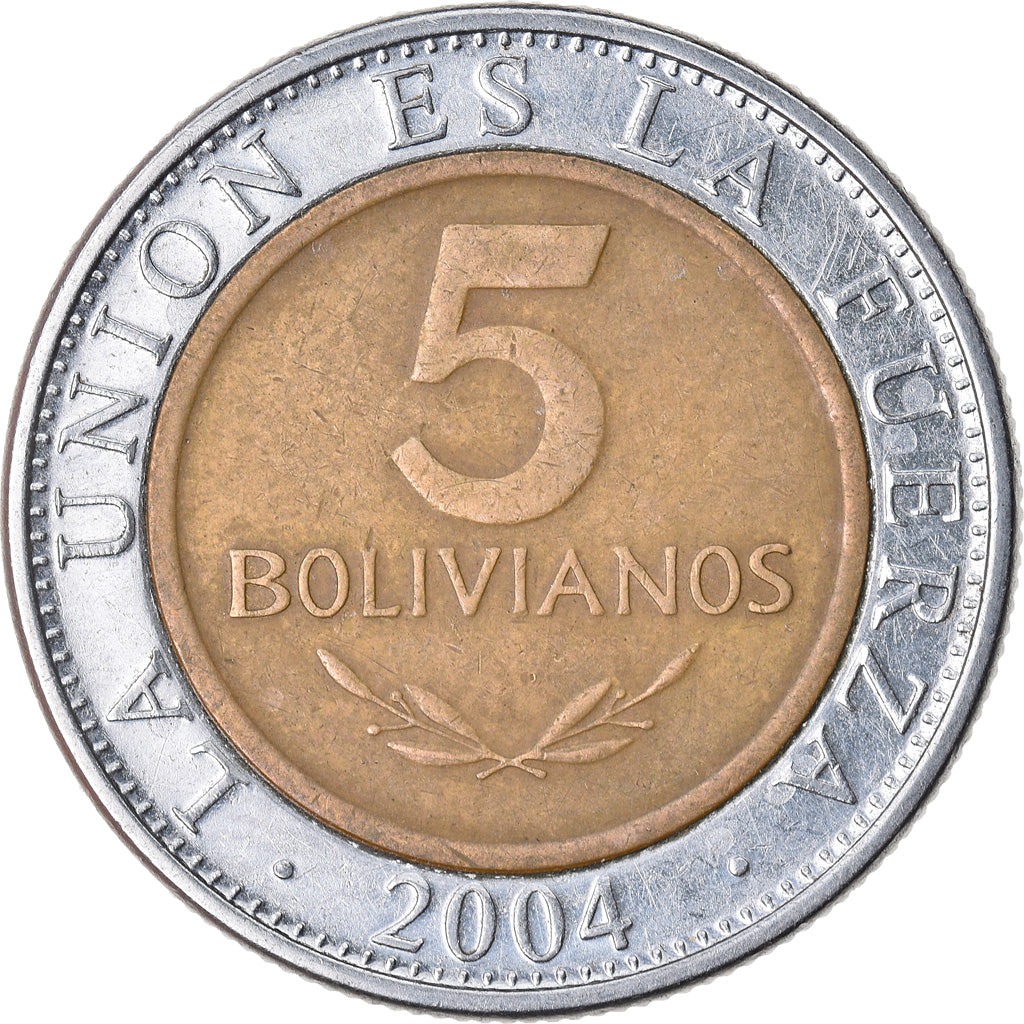 Moneda, Bolivia, 5 Bolivianos, 2004, MBC, Bimetálico, KM:212