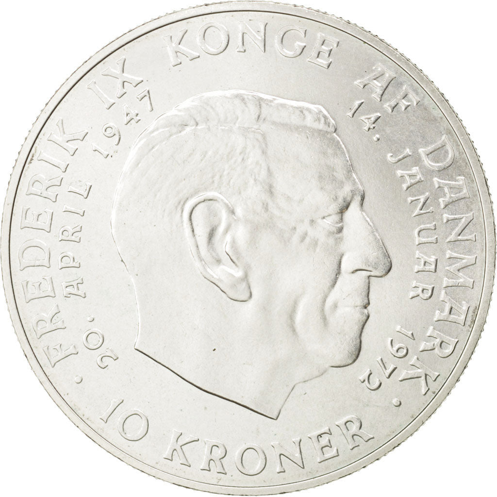 DENMARK, 10 Kroner, 1972, Copenhagen, KM #858, AU(55-58), Silver, 36, 20.57