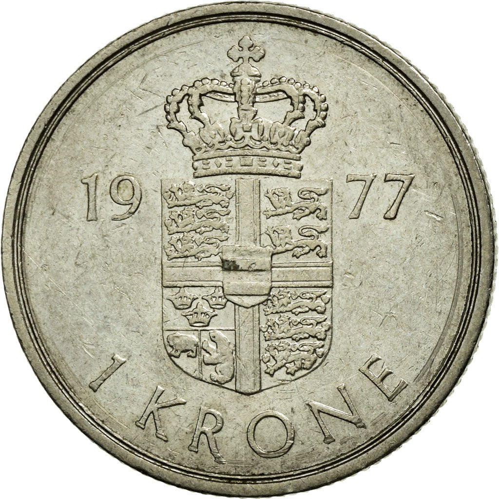 Coin, Denmark, Margrethe II, Krone, 1977, AU(50-53), Copper-nickel, KM:862.1