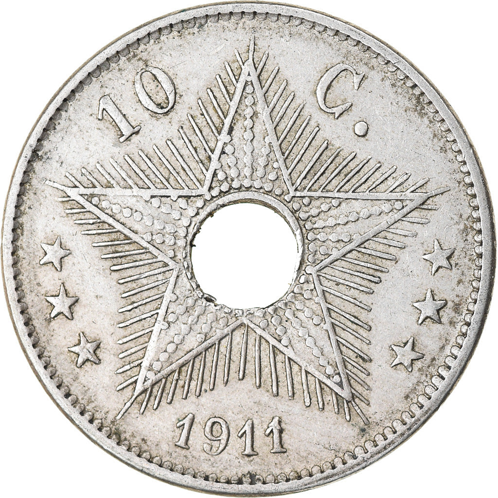 Coin, Belgian Congo, 10 Centimes, 1911, Heaton, EF(40-45), Copper-nickel, KM:18