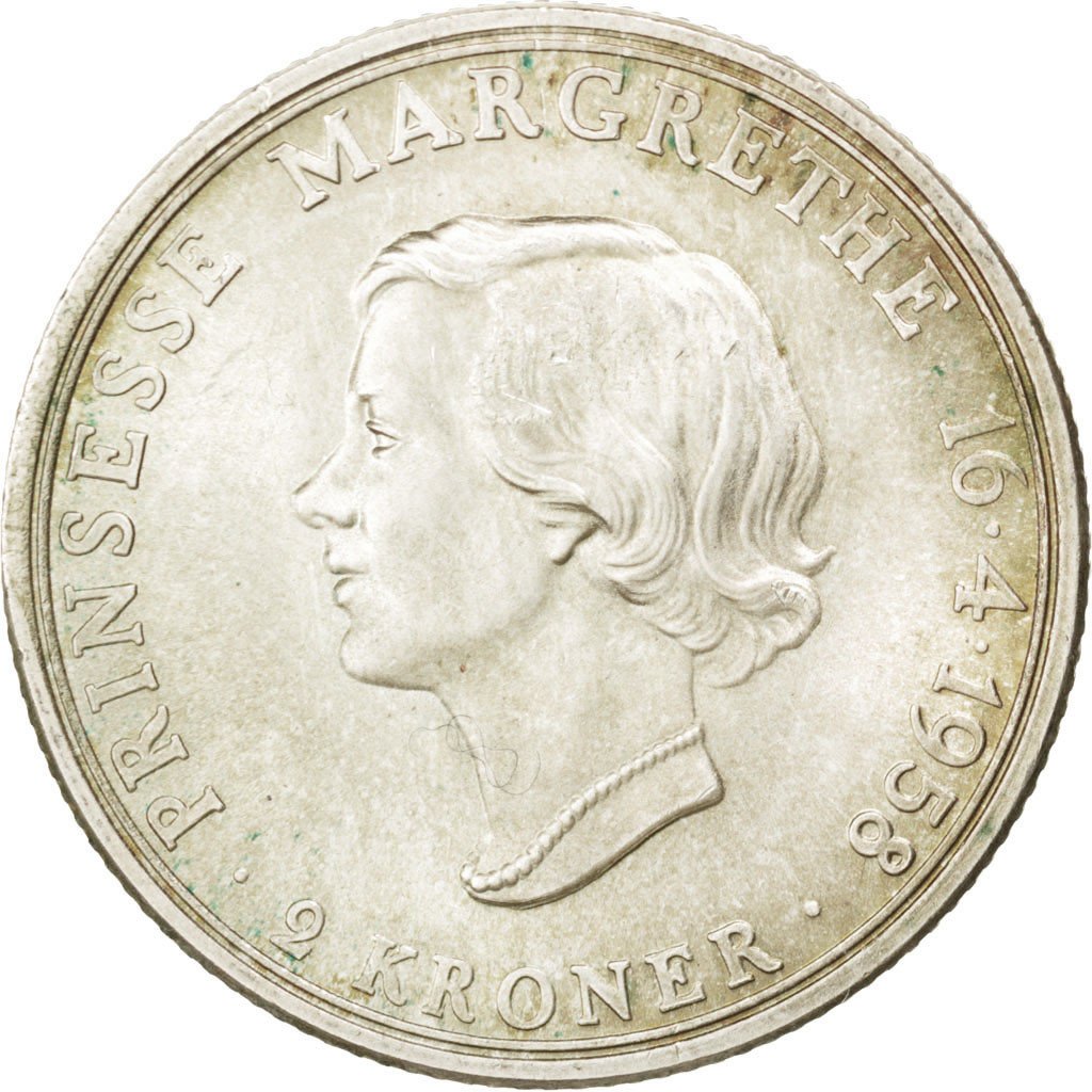 DENMARK, 2 Kroner, 1958, Copenhagen, KM #845, AU(55-58), Silver, 31, 15.00