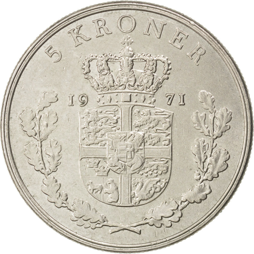 DENMARK, 5 Kroner, 1971, Copenhagen, KM #853.1, AU(50-53), Copper-Nickel, 33,...