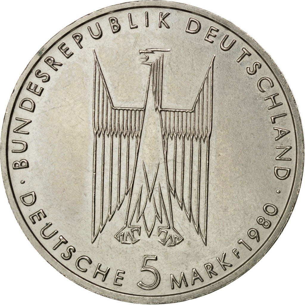 GERMANY - FEDERAL REPUBLIC, 5 Mark, 1980, Stuttgart, KM #140.1, AU(55-58),...