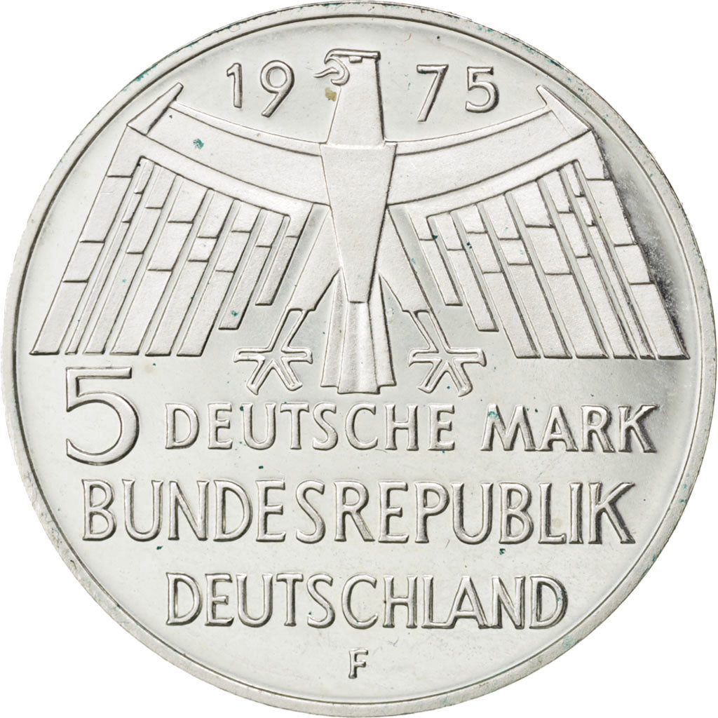 GERMANY - FEDERAL REPUBLIC, 5 Mark, 1975, Stuttgart, KM #142.1, MS(60-62),...