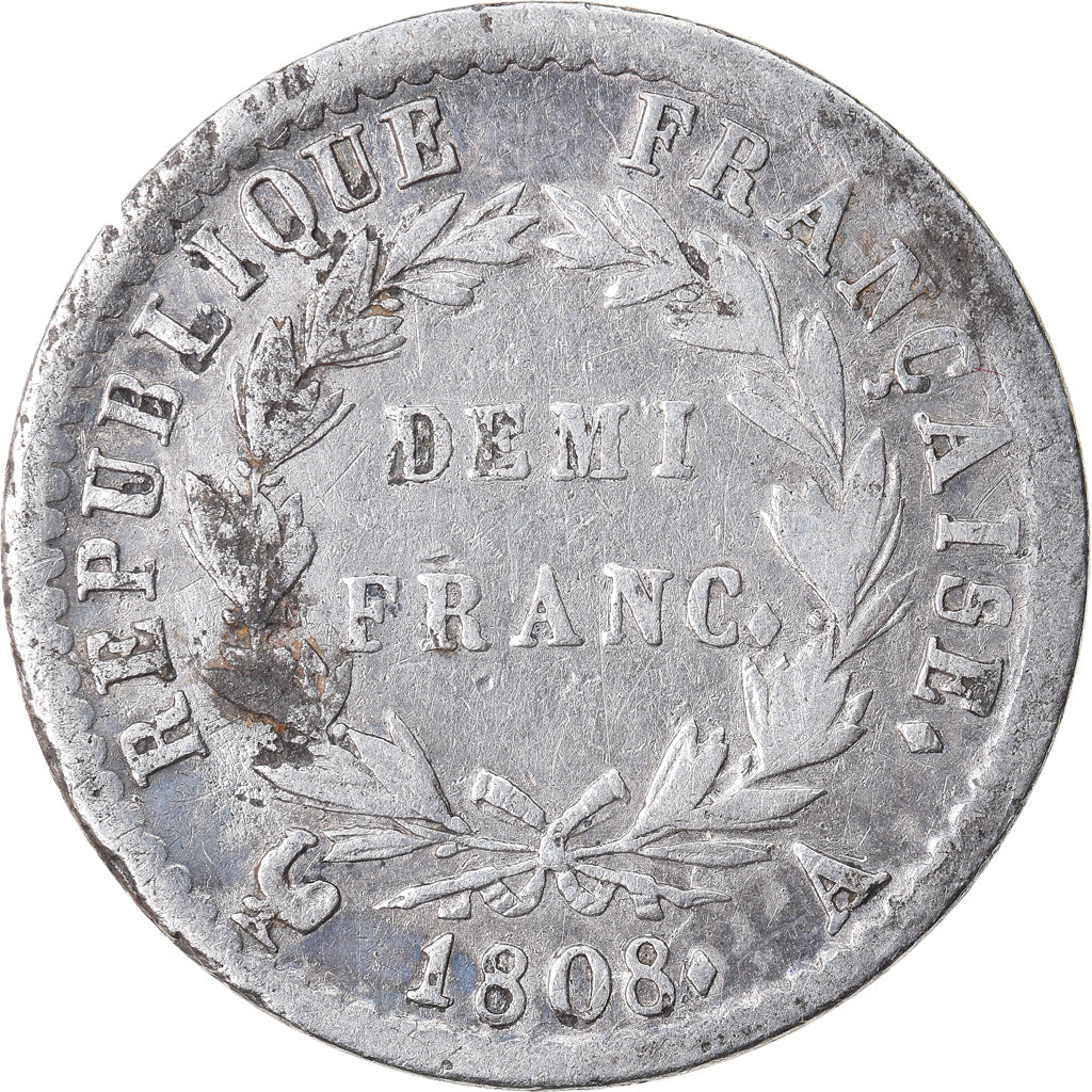 Coin, France, Napoléon I, 1/2 Franc, 1808, Paris, VF(30-35), Silver, KM:680.1