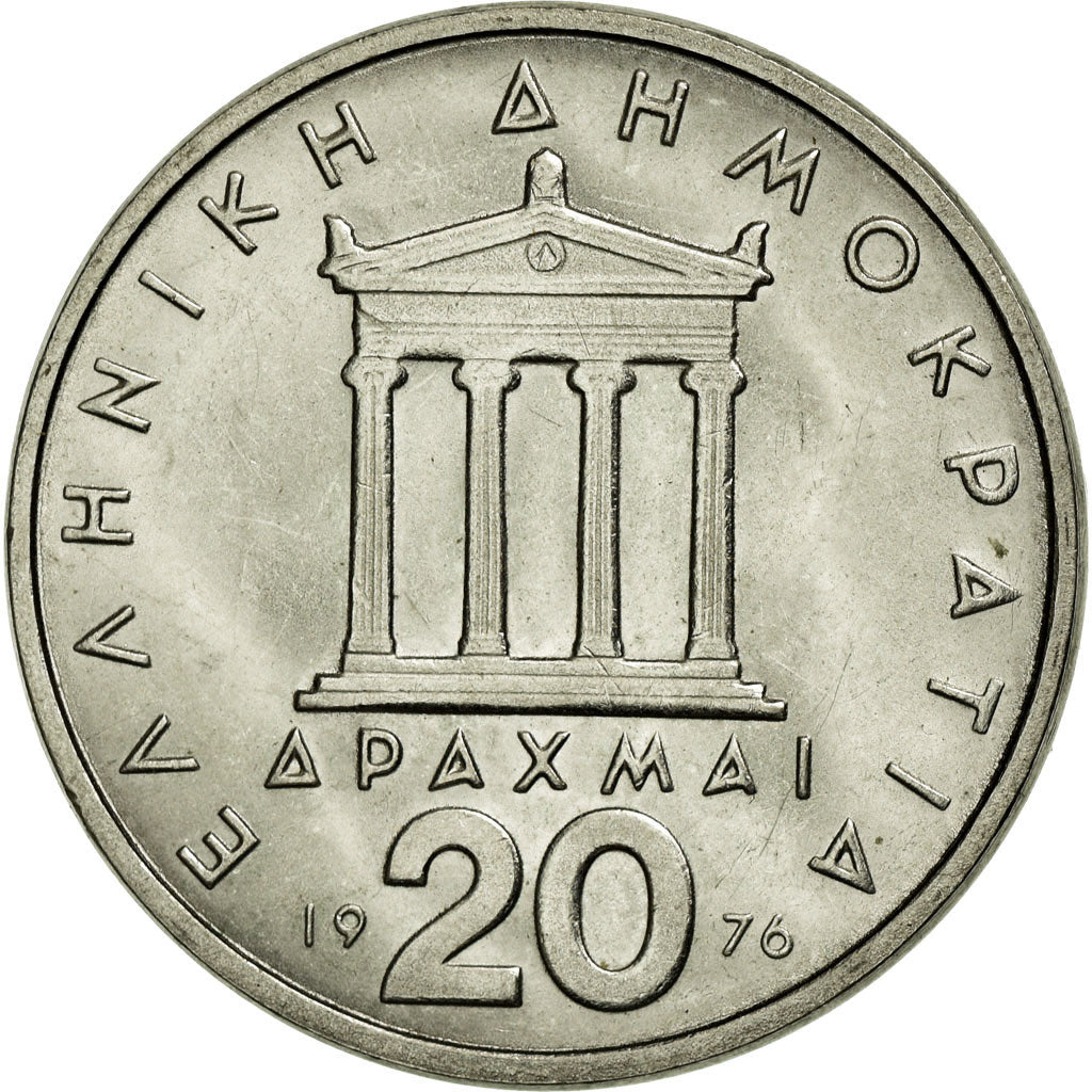 Coin, Greece, 20 Drachmai, 1976, MS(60-62), Copper-nickel, KM:120