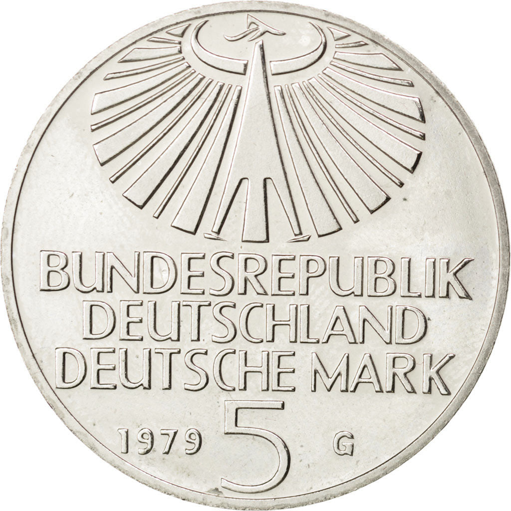 GERMANY - FEDERAL REPUBLIC, 5 Mark, 1979, Karlsruhe, KM #151, AU(55-58),...