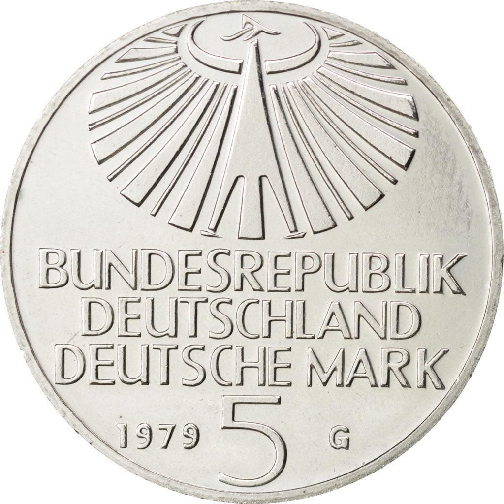 GERMANY - FEDERAL REPUBLIC, 5 Mark, 1979, Karlsruhe, KM #151, AU(55-58),...