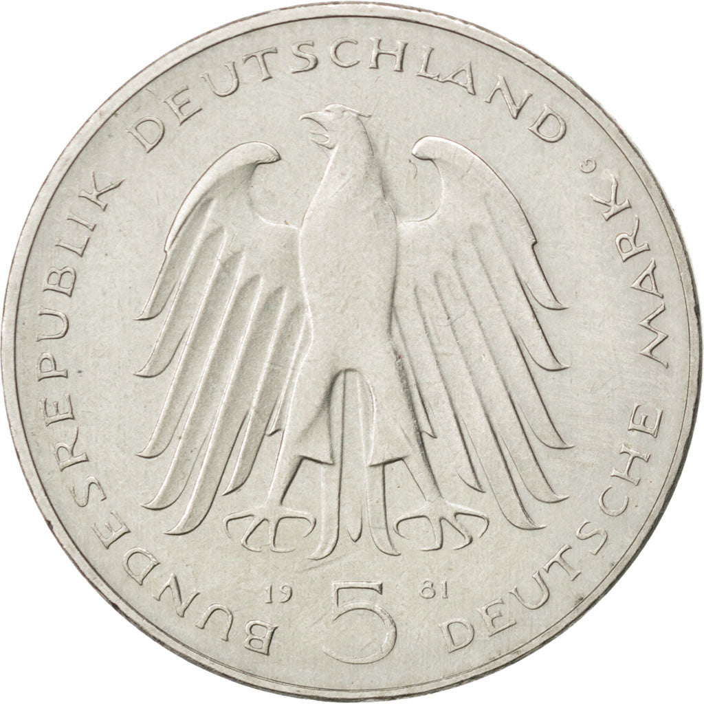 GERMANY - FEDERAL REPUBLIC, 5 Mark, 1981, Karlsruhe, KM #155, AU(55-58),...