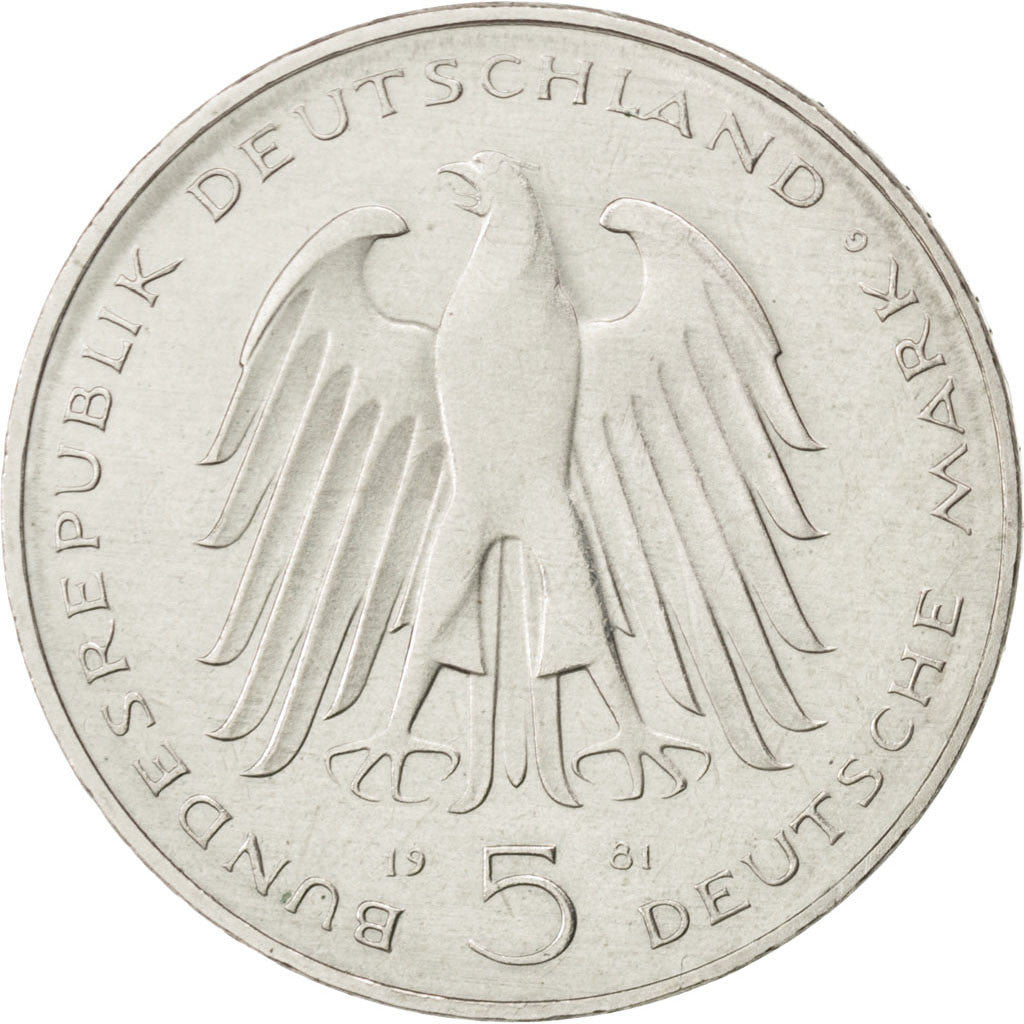 GERMANY - FEDERAL REPUBLIC, 5 Mark, 1981, Karlsruhe, KM #155, AU(55-58),...