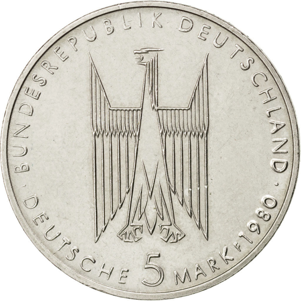 GERMANY - FEDERAL REPUBLIC, 5 Mark, 1980, Stuttgart, KM #153, AU(55-58),...