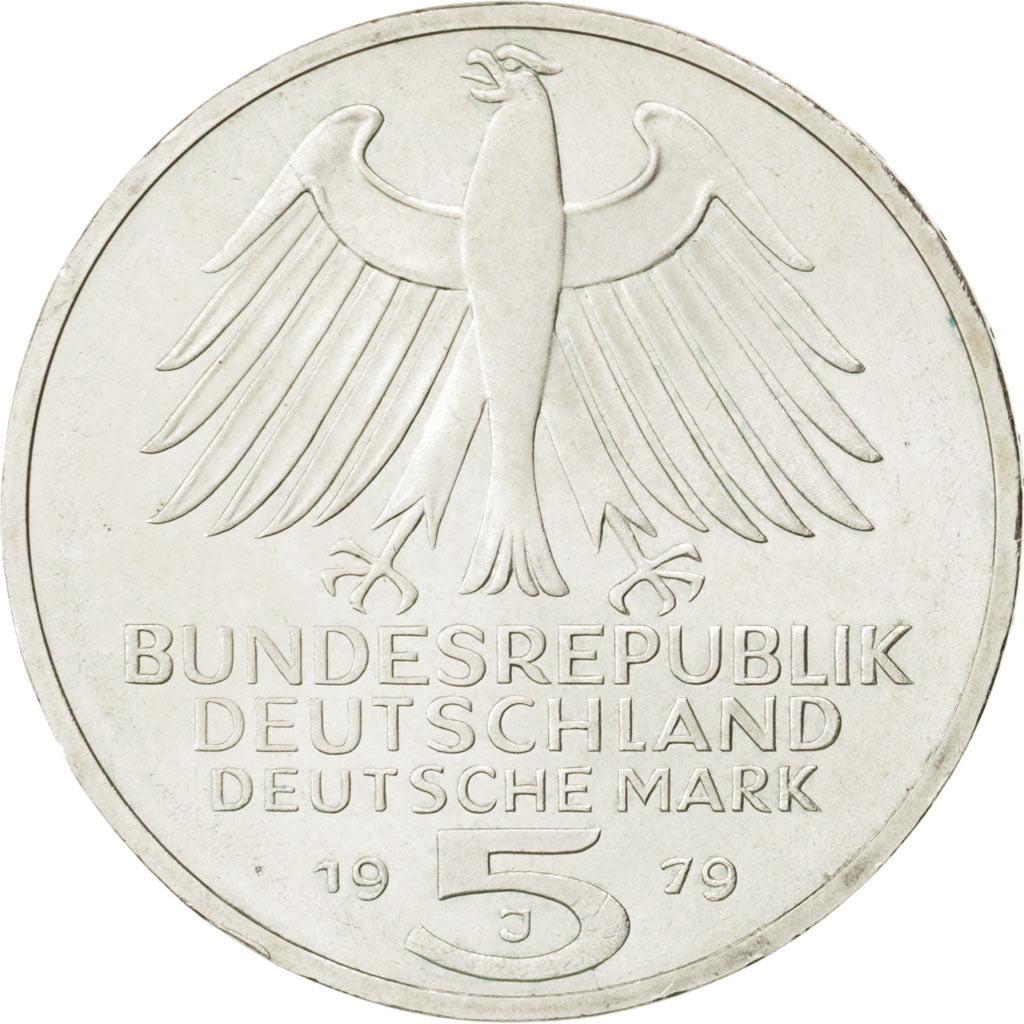 GERMANY - FEDERAL REPUBLIC, 5 Mark, 1979, Hamburg, KM #150, AU(55-58), Silver,..