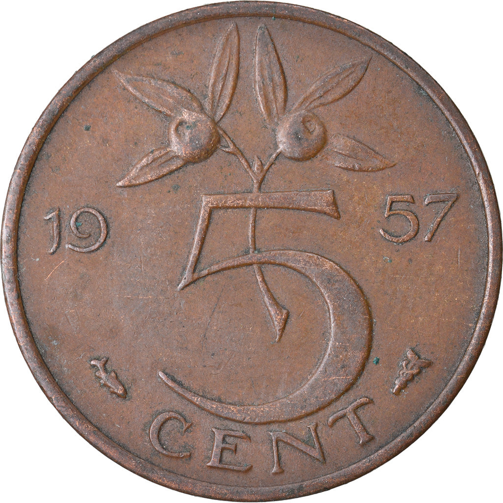 Moneda, Países Bajos, Juliana, 5 Cents, 1957, MBC, Bronce, KM:181