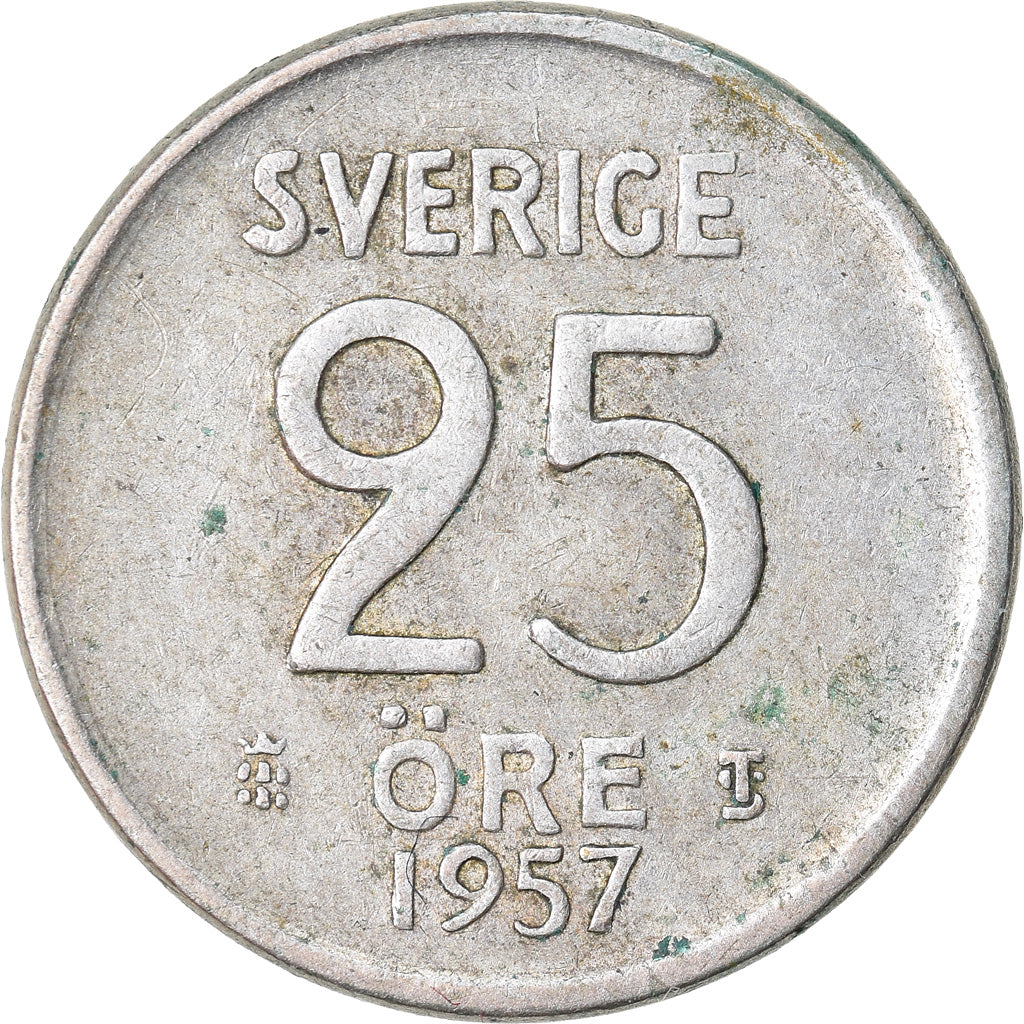 Moneda, Suecia, Gustaf VI, 25 Öre, 1957, BC+, Plata, KM:824