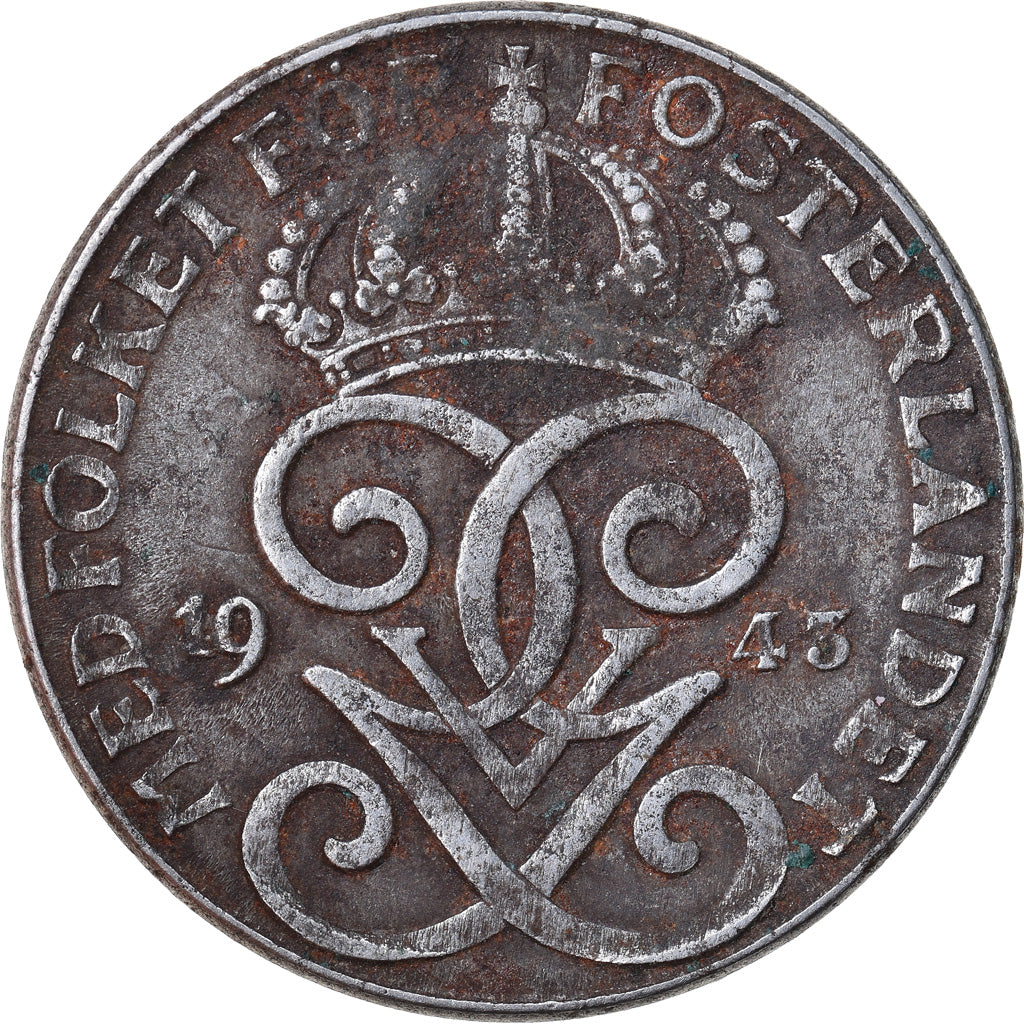 Moneta, Szwecja, Gustaf V, 2 Öre, 1943, VF(30-35), Żelazo, KM:811