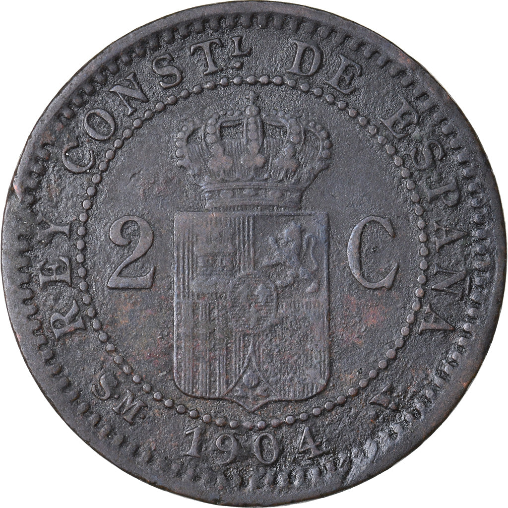 Moneda, España, Alfonso XIII, 2 Centimos, 1904, Madrid, BC+, Cobre, KM:722