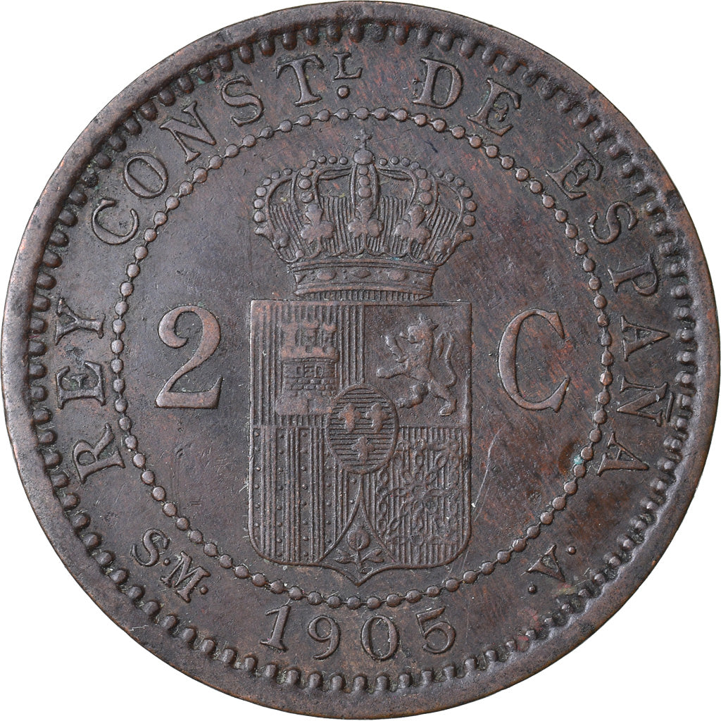 Moeda, Espanha, Alfonso XIII, 2 Centimos, 1905, Madrid, EF(40-45), Cobre, KM:722