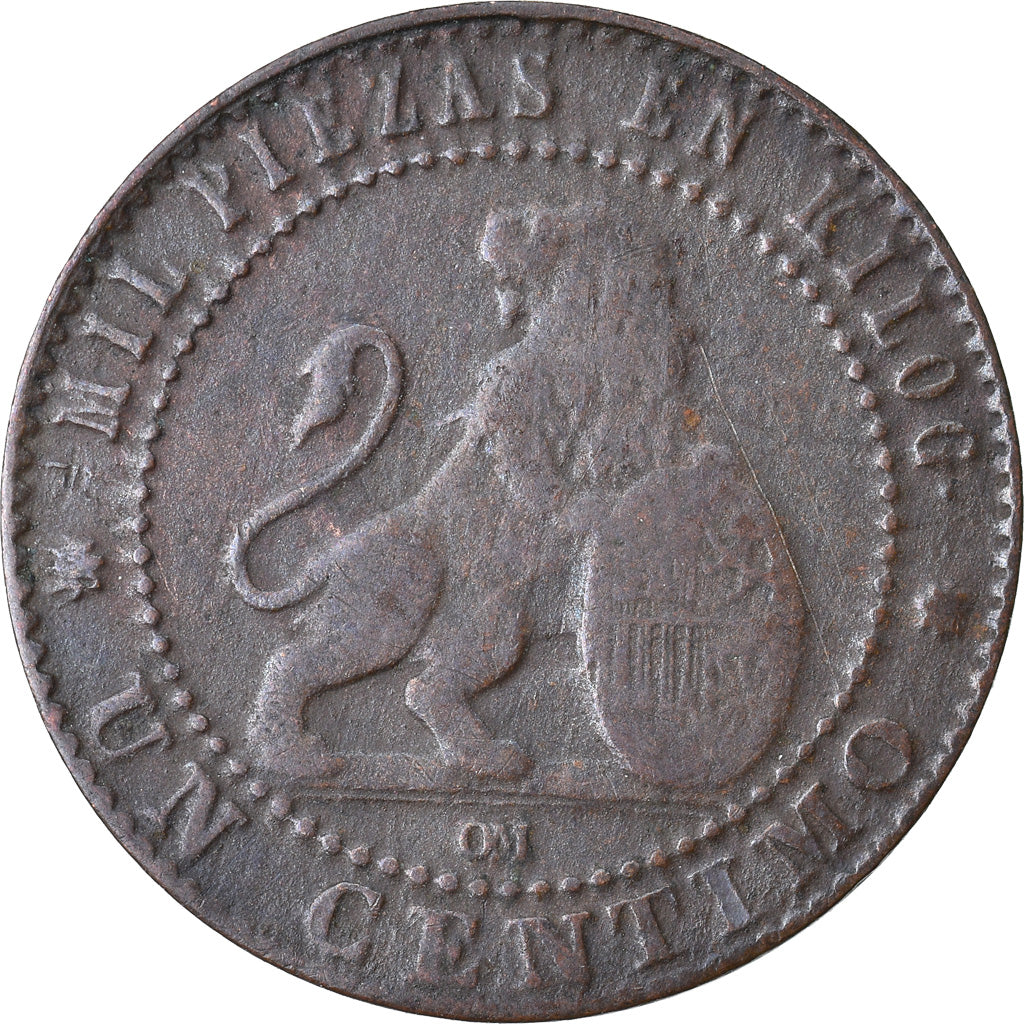 Moneda, España, Provisional Government, Centimo, 1870, Madrid, BC+, Cobre