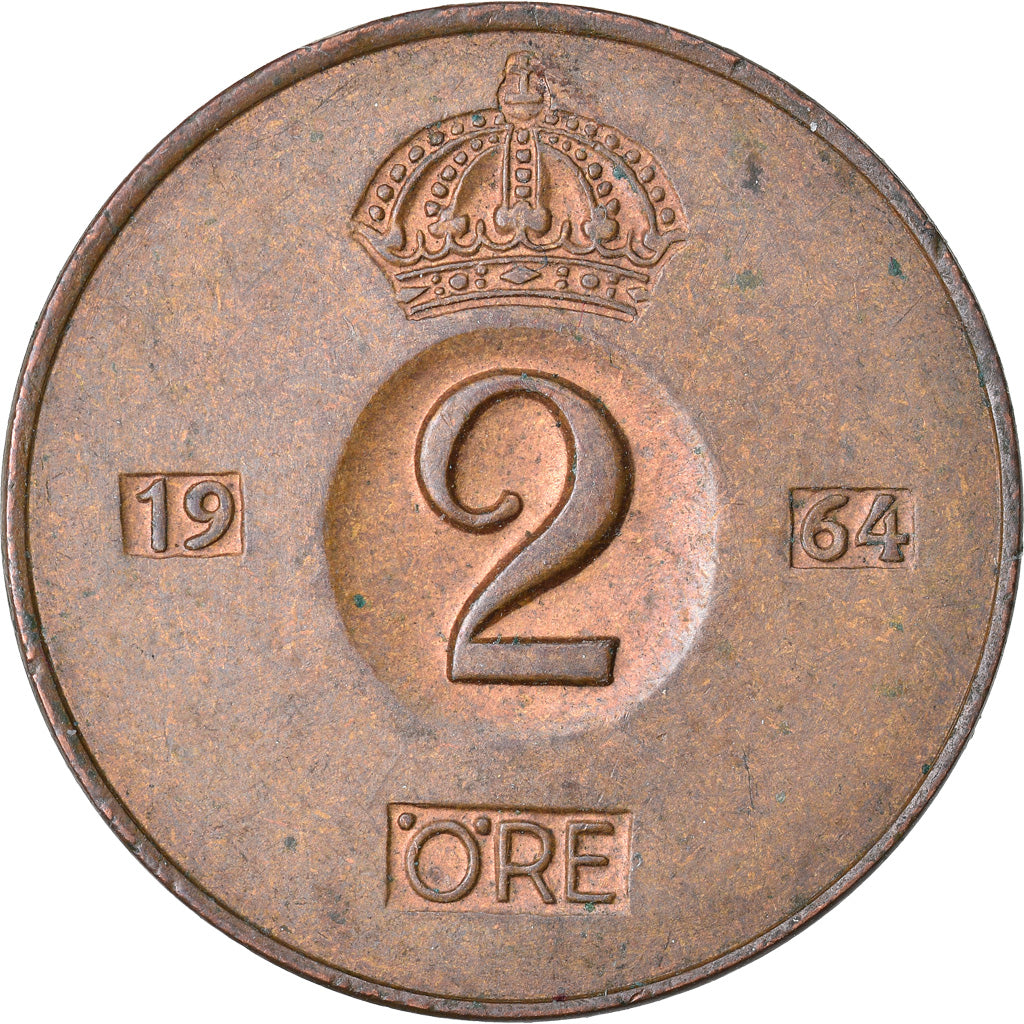 Moneda, Suecia, Gustaf VI, 2 Öre, 1964, BC+, Bronce, KM:821