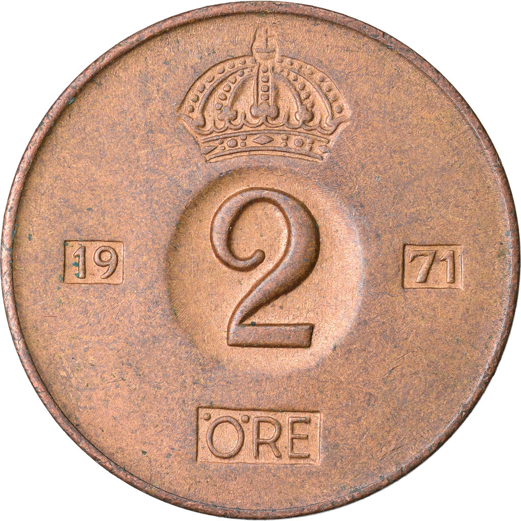 Moneda, Suecia, Gustaf VI, 2 Öre, 1971, MBC, Bronce, KM:821