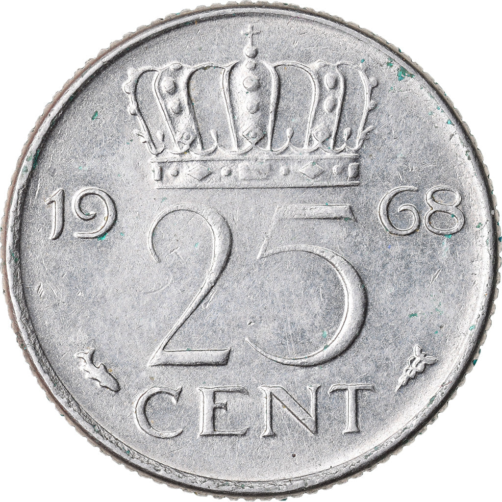 Coin, Netherlands, Juliana, 25 Cents, 1968, EF(40-45), Nickel, KM:183