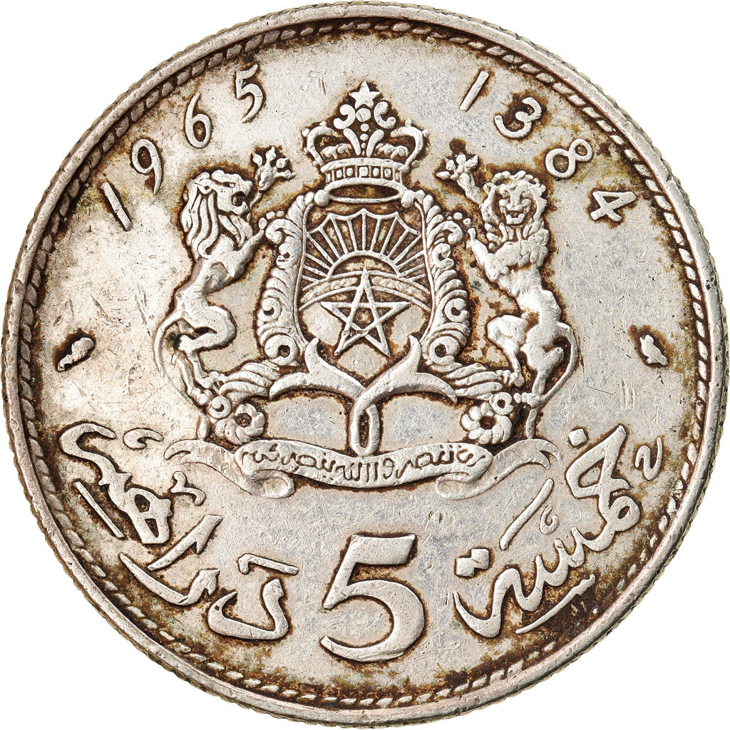 Coin, Morocco, al-Hassan II, 5 Dirhams, 1965, Paris, EF(40-45), Silver, KM:57