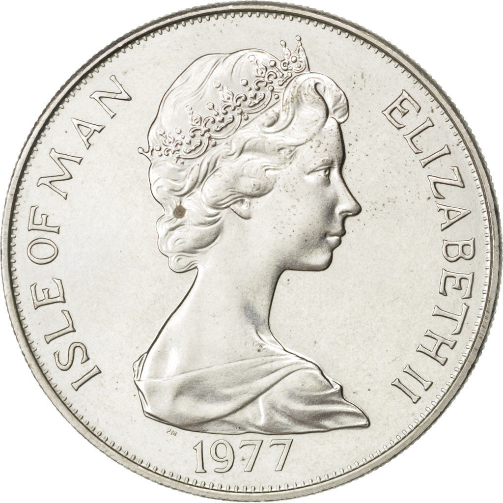 ISLE OF MAN, Crown, 1977, Pobjoy Mint, KM #42, MS(63), Copper-Nickel, 38.5,...