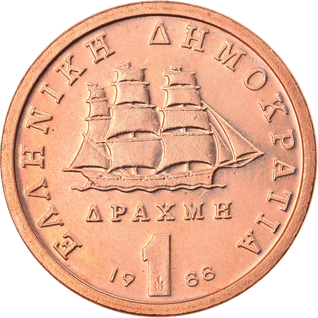 Moneta, Grecja, Drachma, 1988, Athens, MS(63), Miedź, KM:150
